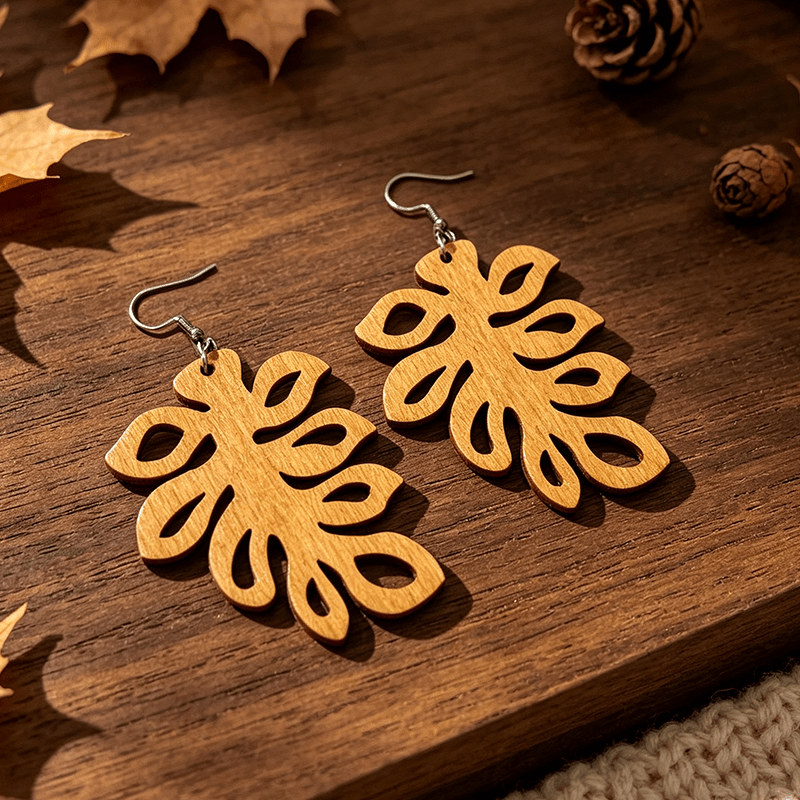 Women's Vintage Wooden Leaf-shaped Earrings, Bohemian Style